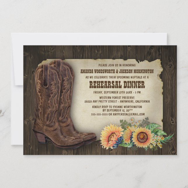 Cowboy Boot Sunflower Rehearsal Dinner Invitations (Front)