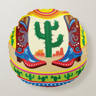 Cowboy Boots and Desert Sun Round Cushion