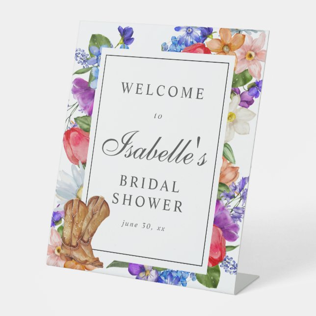 Cowboy Boots and Wildflower Bridal Shower Welcome Pedestal Sign (Front)