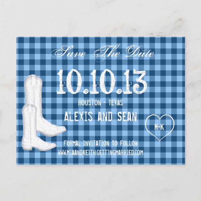 Cowboy Boots Blue Chequered Gingham Save The Date Announcement Postcard (Front)