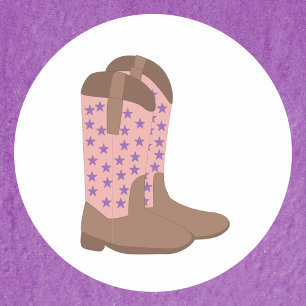 Cowboy Boots Brown Pink with Purple Stars Classic Round Sticker