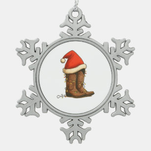 Cowboy Boots Christmas Western Santa Hat Snowflake Pewter Christmas Ornament