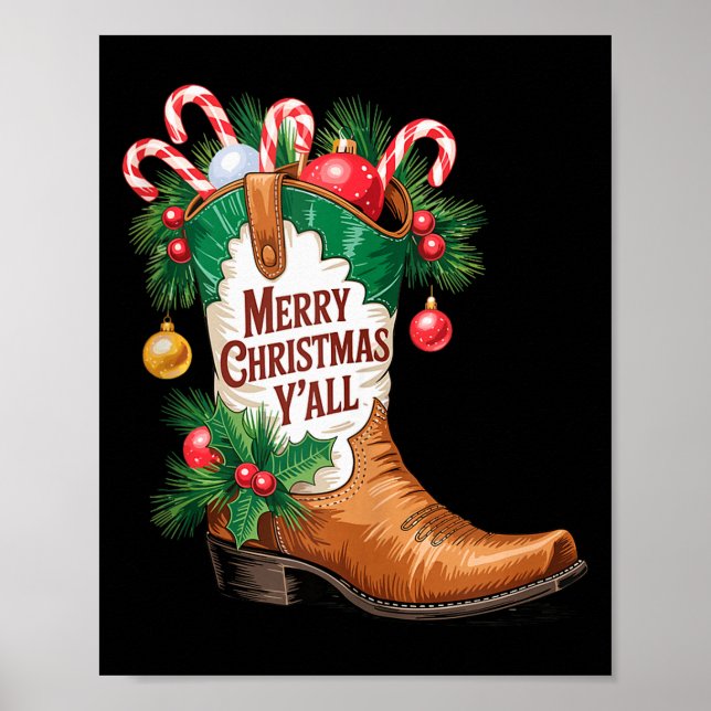 Cowboy Boots Country Western Merry Christmas Y'all Poster (Front)