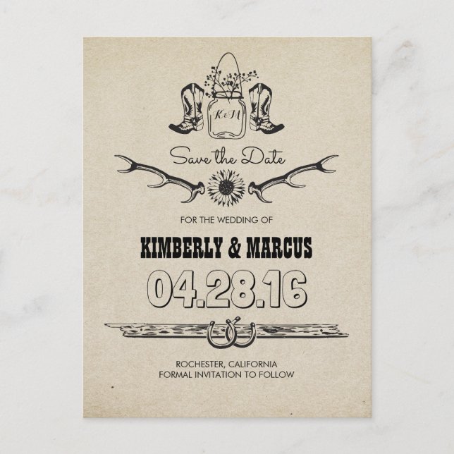 Cowboy Boots Country Western Save the Date Announcement Postcard (Front)