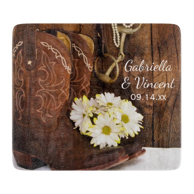 Cowboy Boots, Daisies and Horse Bit Wedding Cutting Board (Front)