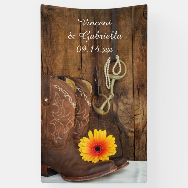 Cowboy Boots, Daisy and Horse Bit Country Wedding Banner (Vertical)