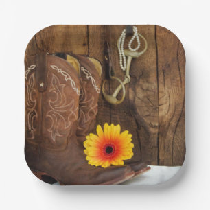 Cowboy Boots, Daisy and Horse Bit Western Paper Plate