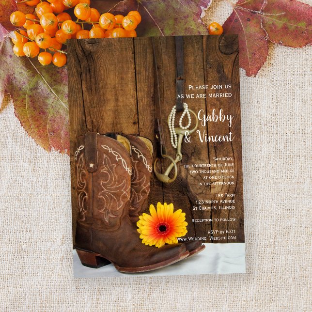 Cowboy Boots, Daisy and Horse Bit Western Wedding Invitation (Creator Uploaded)