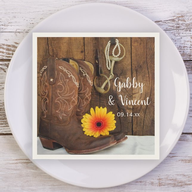 Cowboy Boots, Daisy and Horse Bit Western Wedding Napkin (Creator Uploaded)