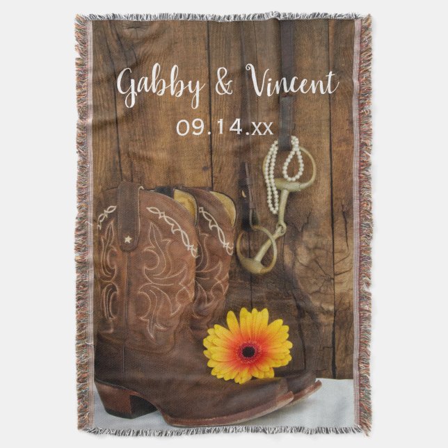 Cowboy Boots, Daisy and Horse Bit Western Wedding Throw Blanket (Front Vertical)