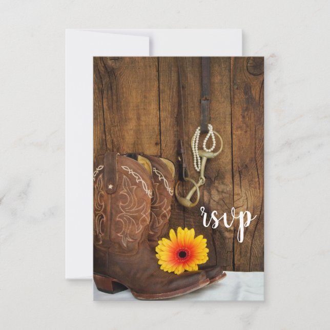 Cowboy Boots Daisy Horse Bit Barn Wedding RSVP (Front)