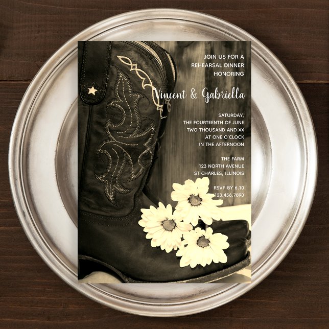 Cowboy Boots Daisy Wedding Rehearsal Dinner Sepia Invitation (Creator Uploaded)