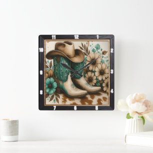 Cowboy Boots Hat Floral  Square Wall Clock