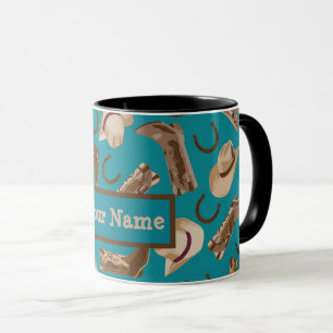 Cowboy Boots Hats Western Teal Name Personalised Mug