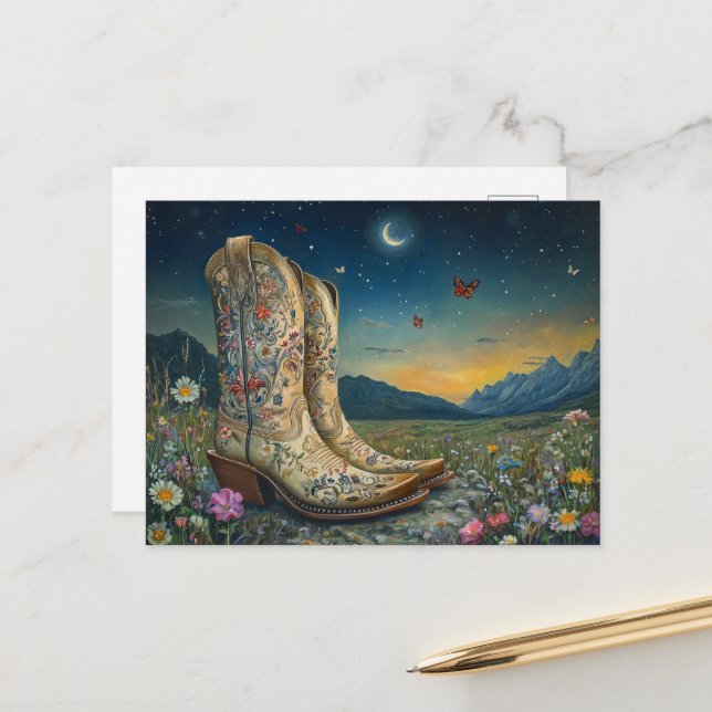Cowboy Boots in the Meadow Postcard (Front/Back In Situ)