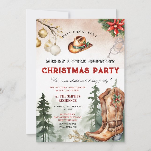 Cowboy Boots Merry Little Country Christmas Party Invitation (Front)
