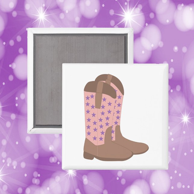 Cowboy Boots Pink Brown and Purple Stars Magnet (A magnet with a cowboy design done in brown and pink with purple stars)