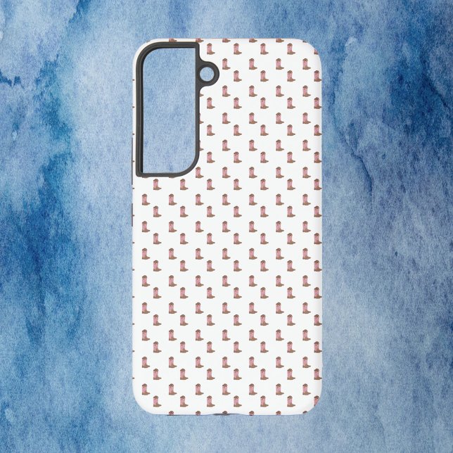 Cowboy Boots Pink Brown Purple Stars Pattern Samsung Galaxy S22 Case (A phone case with a cowboy boot pattern in brown, pink and purple)