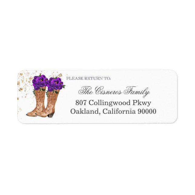 Cowboy Boots Purple Roses Return Address Label (Front)