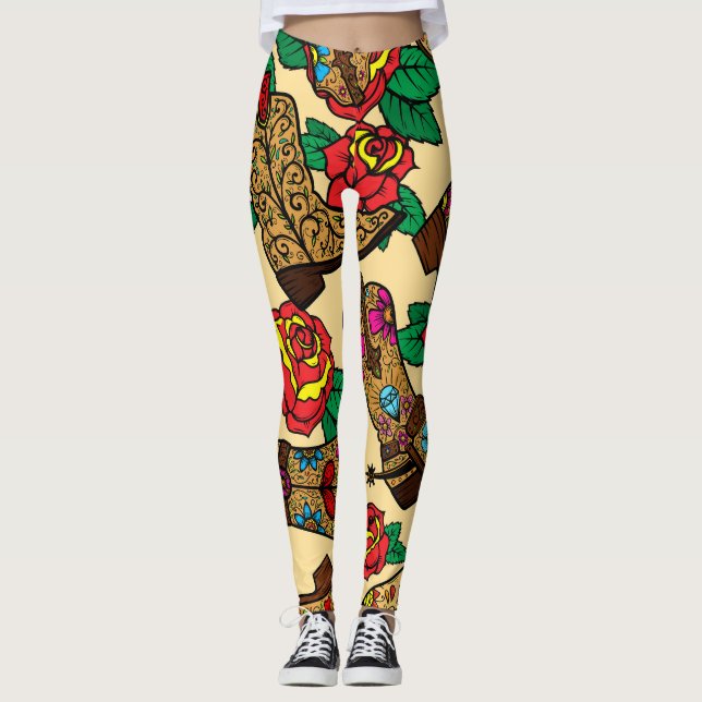 Cowboy Boots & Roses: Vintage Design. Leggings (Front)