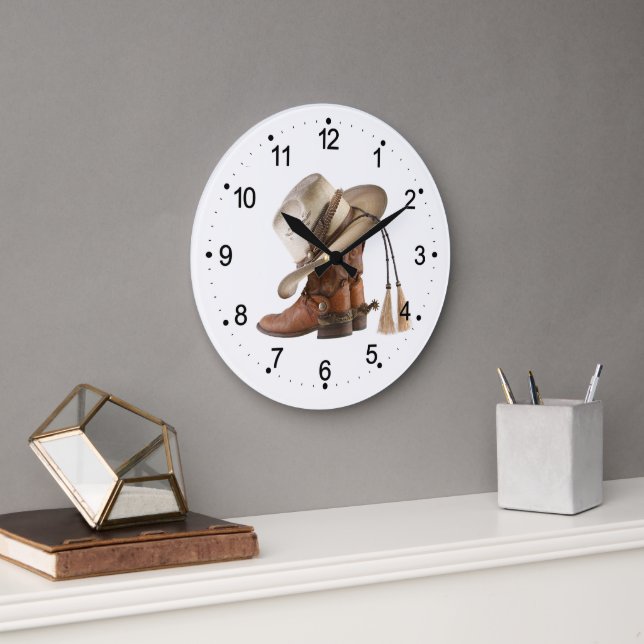 Cowboy Boots Spurs Hat and Tassels  Large Clock (Office)