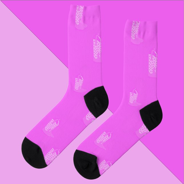 Cowboy Boots Stars Pink Pattern Socks (A pair of socks featuring a pattern of pink cowboy boots.)