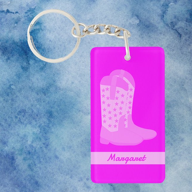 Cowboy Boots Stars Pink Personalise Key Ring (A key chain with pink cowboy boots and text you can personalize!)