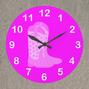 Cowboy Boots Stars Pink White Numbers Large Clock