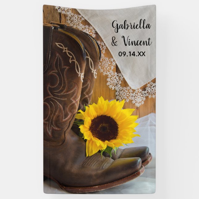 Cowboy Boots, Sunflower and Lace Western Wedding Banner (Vertical)