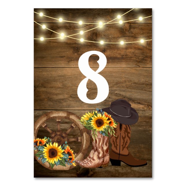 Cowboy Boots Sunflower Country Western Wedding  Table Number (Front)