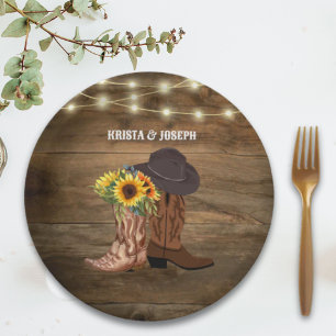 Cowboy Boots Sunflower Western Wedding Favour Paper Plate