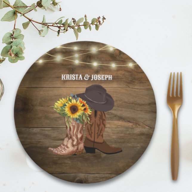 Cowboy Boots Sunflower Western Wedding Favour Paper Plate (Cowboy Boots Sunflower Western Wedding Favor Paper Plates)