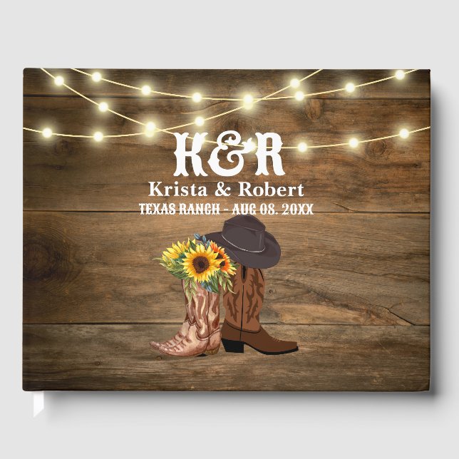 Cowboy Boots Sunflower Western Wedding  Guest Book (Front)