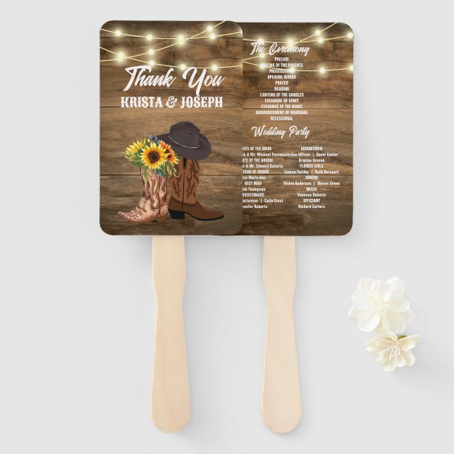 Cowboy Boots Sunflower Western Wedding Programs Hand Fan (Front and Back)