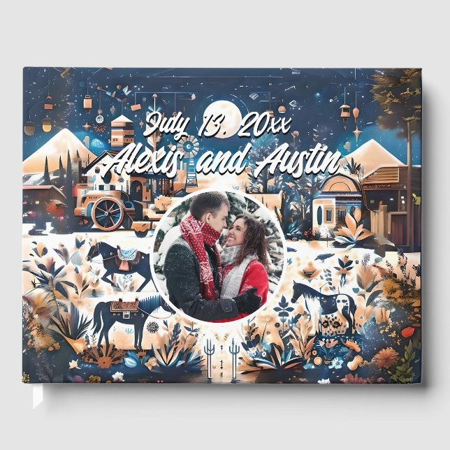 Cowboy & Bride Blue Western Style Wedding  Guest Book (Front)