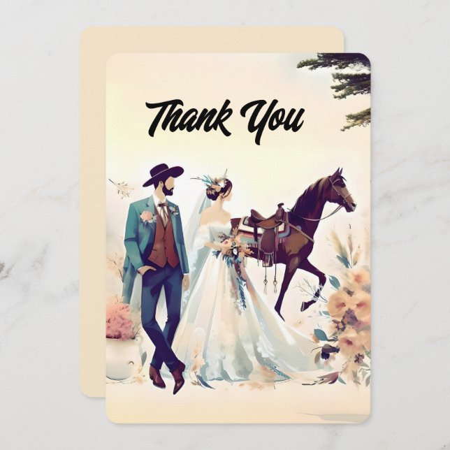 Cowboy, Bride & Horse Thank You Wedding (Front/Back)