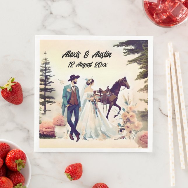 Cowboy, Bride & Horse Wedding Napkin (Insitu)