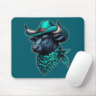 Cowboy Bull With Turquoise Hat and Patterned Scarf Mouse Pad