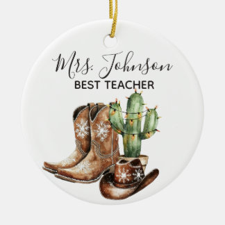 Cowboy Cactus Best Teacher Gift Ceramic Ornament