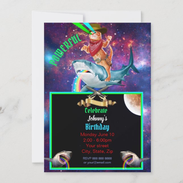 Cowboy cat and Shark Galatic Funny Invitation (Front)