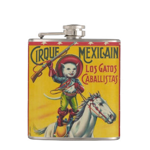 Cowboy Cat on Horse Circus Mexican Poster Art Hip Flask