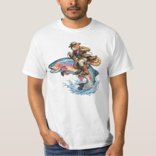 Cowboy Cat Riding Rainbow Trout Rodeo T-Shirt