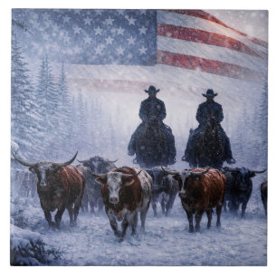 Cowboy Cattle Drive Winter Artwork Ceramic Tile