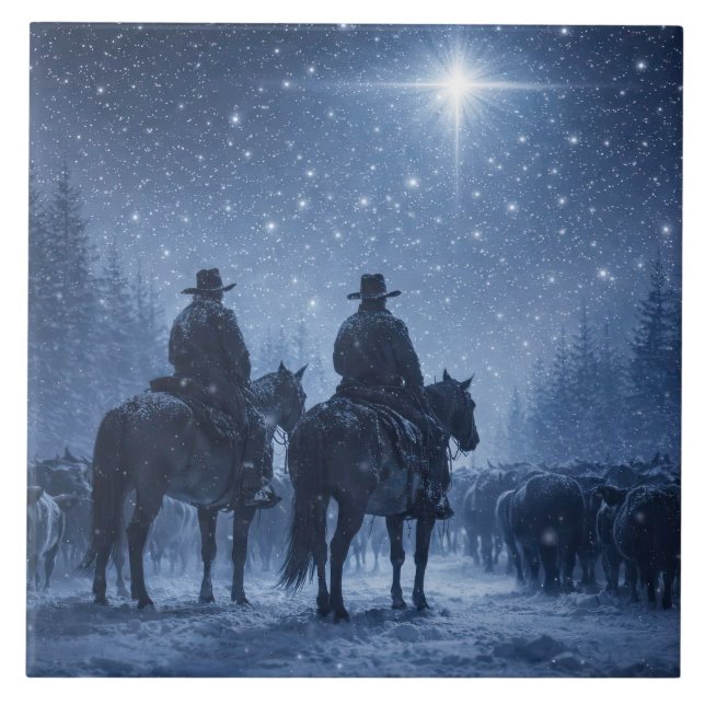 Cowboy Cattle Drive Winter Artwork Ceramic Tile (Front)