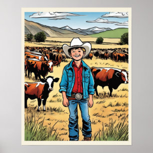 Cowboy Cattle Ranch Young Boy Graphic Art Poster