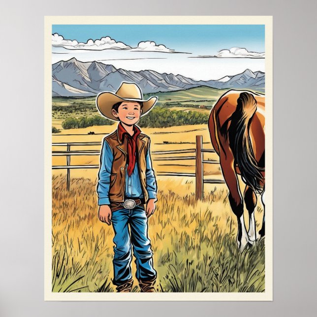 Cowboy Cattle Ranch Young Boy Graphic Art  Poster (Front)