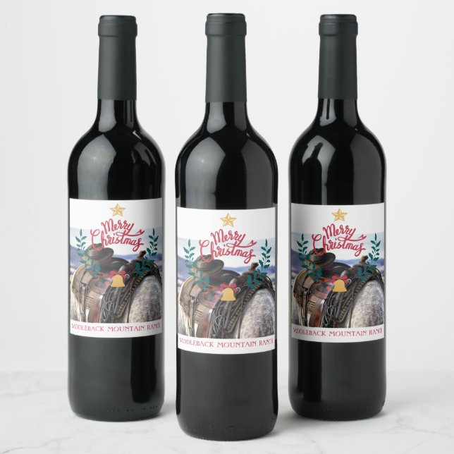 Cowboy Christmas Family Ranch Merry Christmas Wine Label (Bottles)