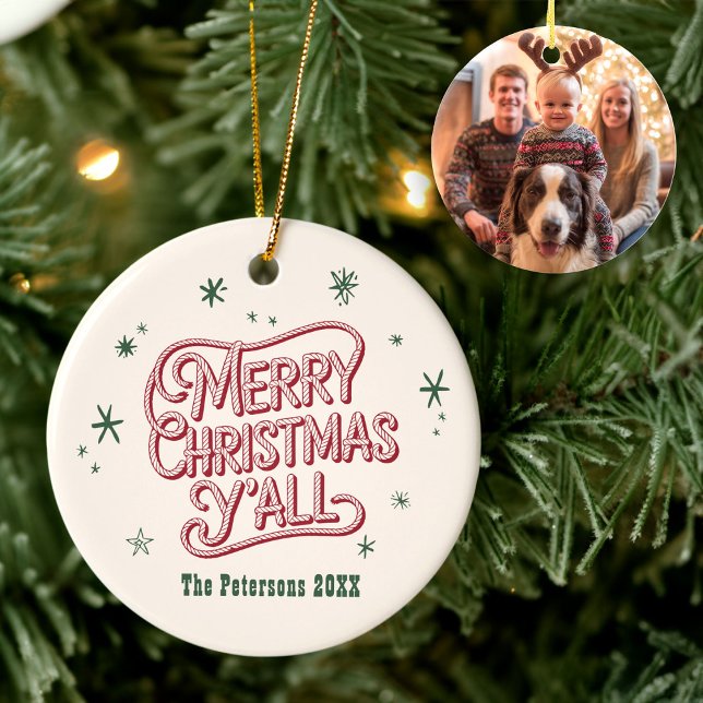 Cowboy Christmas Western Merry Christmas Y'all Ceramic Ornament (Creator Uploaded)