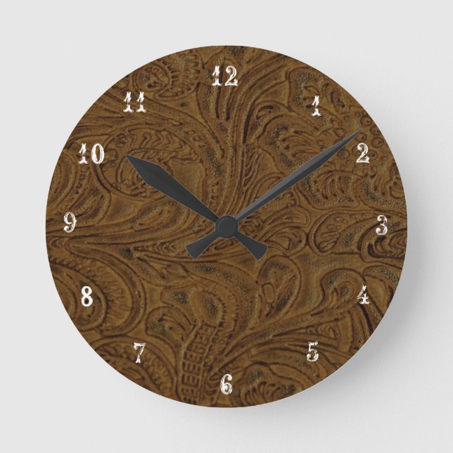 Cowboy Country Brown Tooled Leather Look Clock (Front)