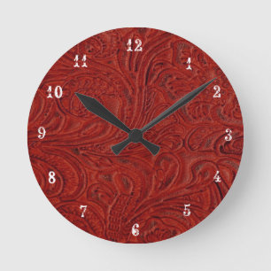 Cowboy Country Red Tooled Leather Look Clock